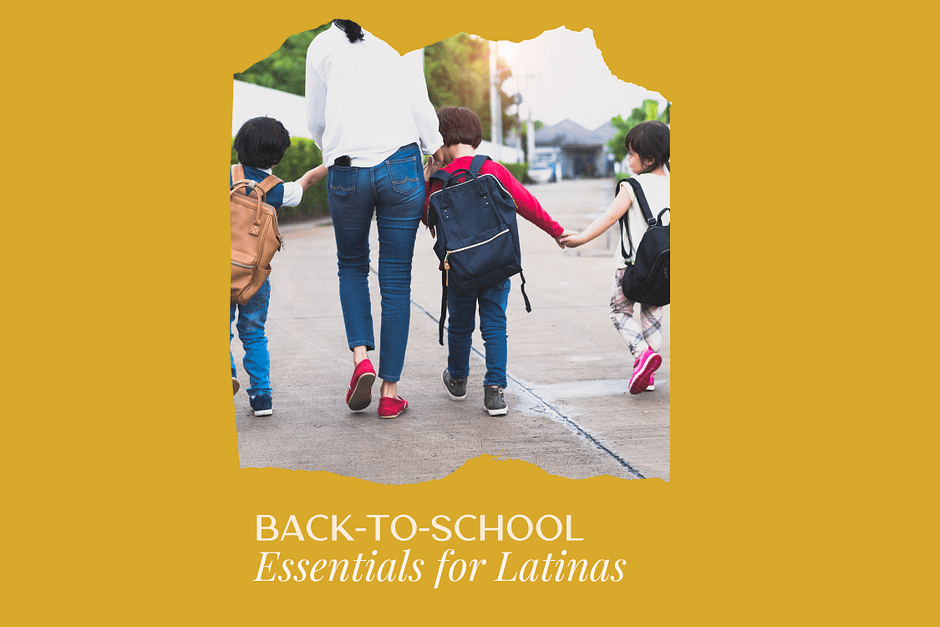 Latina mom with kids heading to school