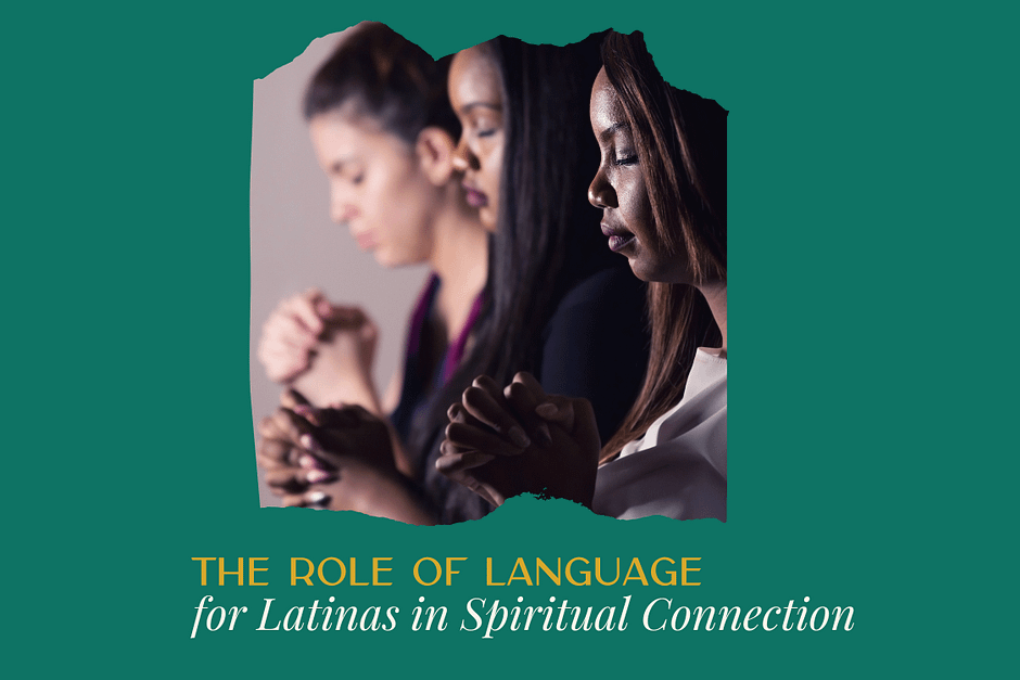 Three Latina women hands in prayer with eyes closed.